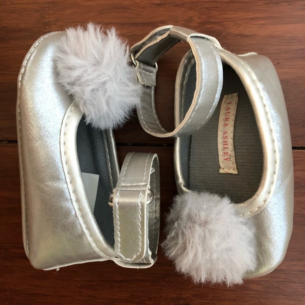 Laura Ashley Silver Pom Pom Ankle Strap Shoes, 2 (90)